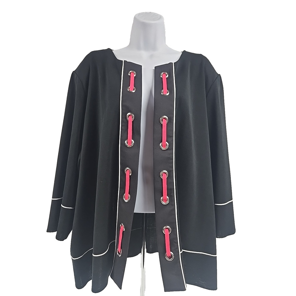 Ming Wang Womens Black Open Front Jacket Cardigan Ribbon Eyelet Accents Size 2X